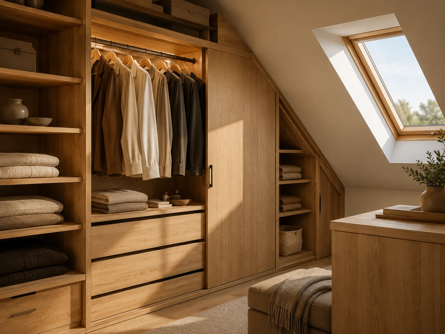 Dressing et rangements sur mesure en bois clair, portes coulissantes