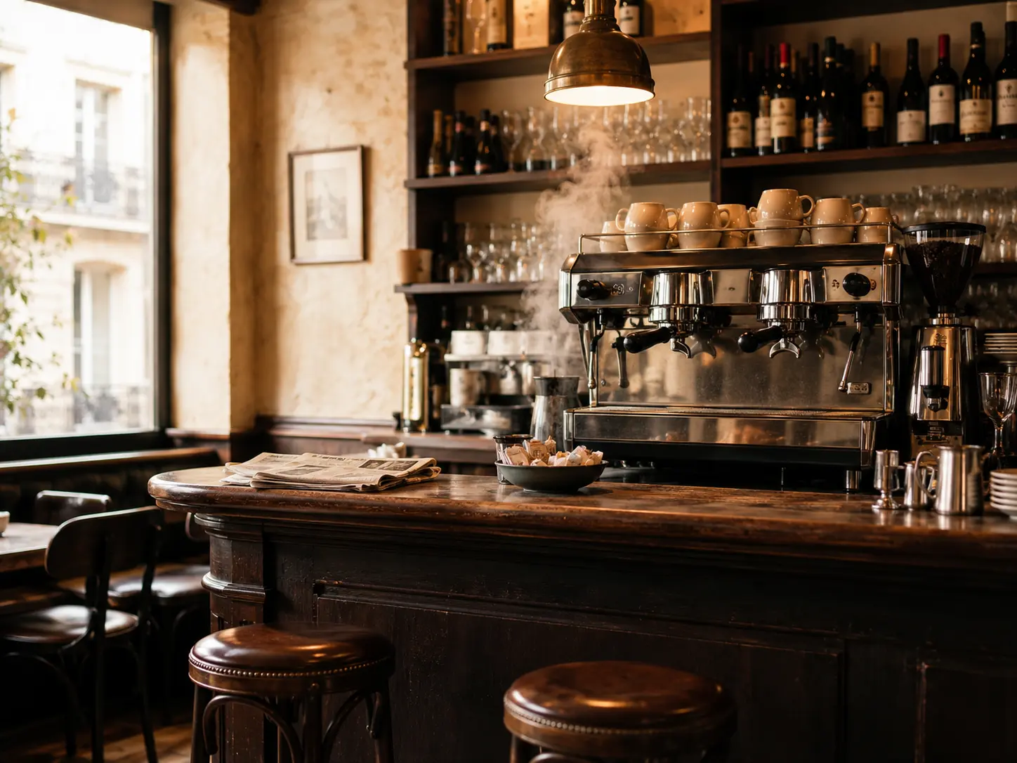 Le comptoir du Bistro 90 avec sa machine à expresso