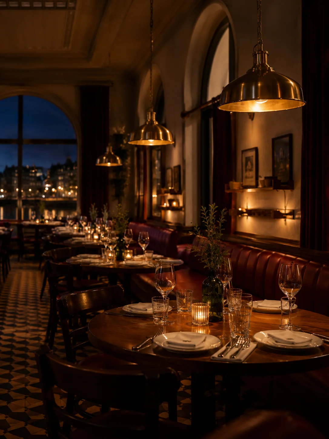 Intérieur élégant de la brasserie, banquettes et lumière tamisée