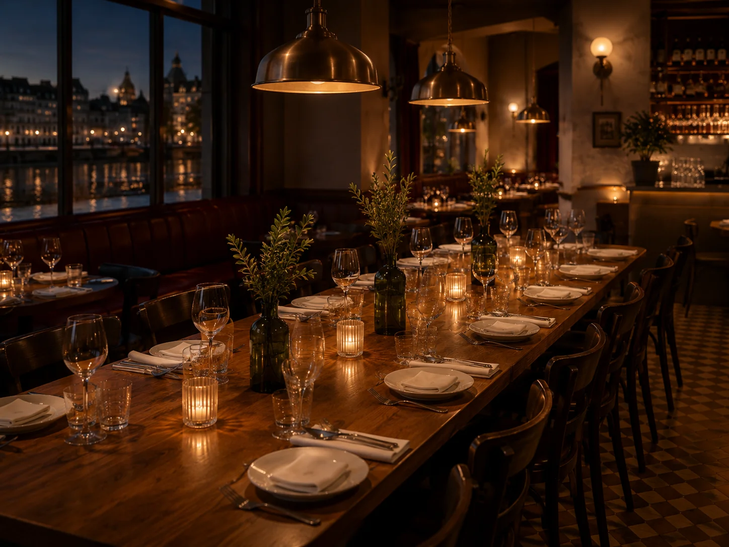 Grande table préparée pour un repas de groupe à la brasserie