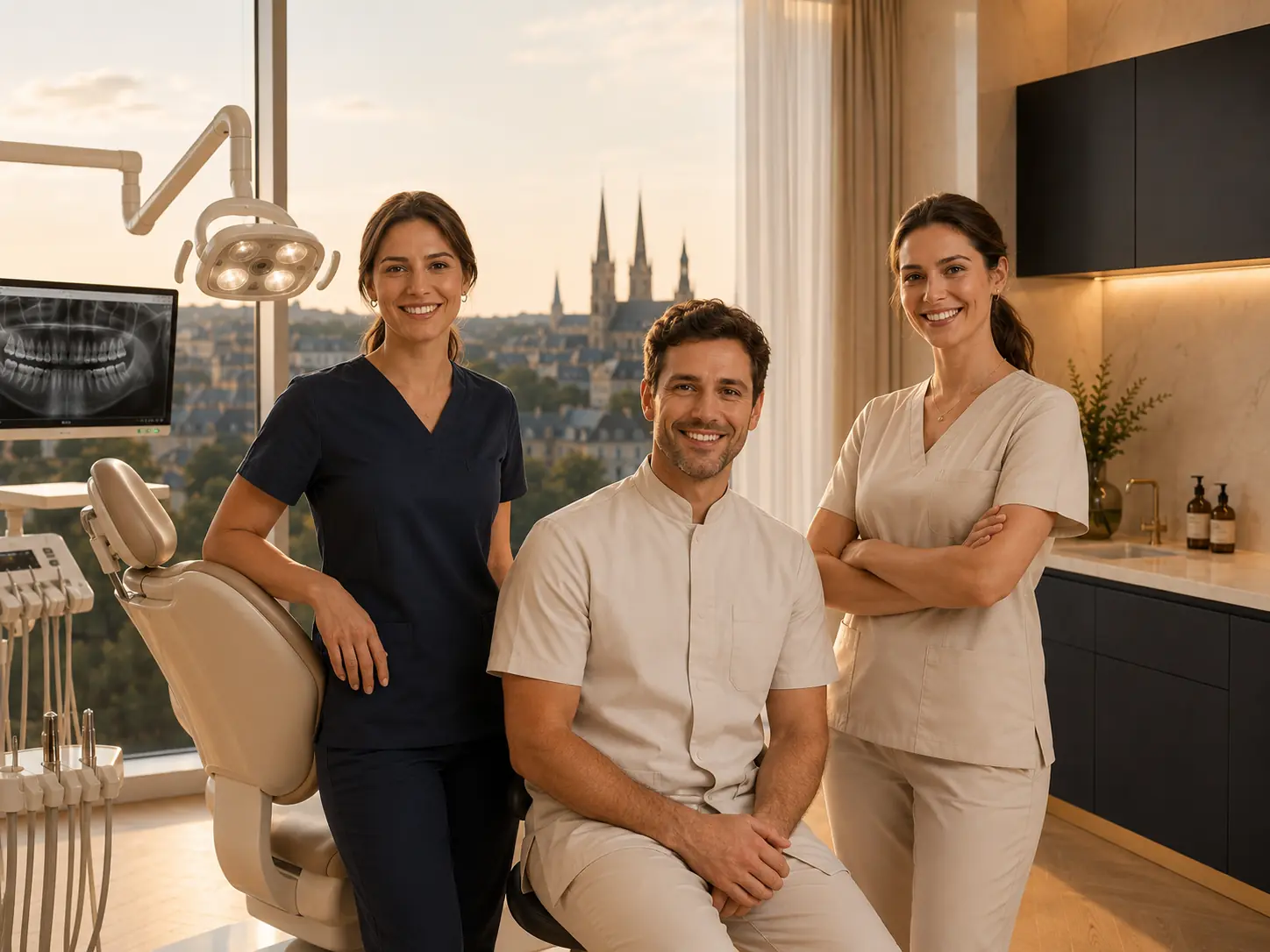 Les trois praticiens du cabinet Lumen, en tenue élégante, dans la salle de soins lumineuse