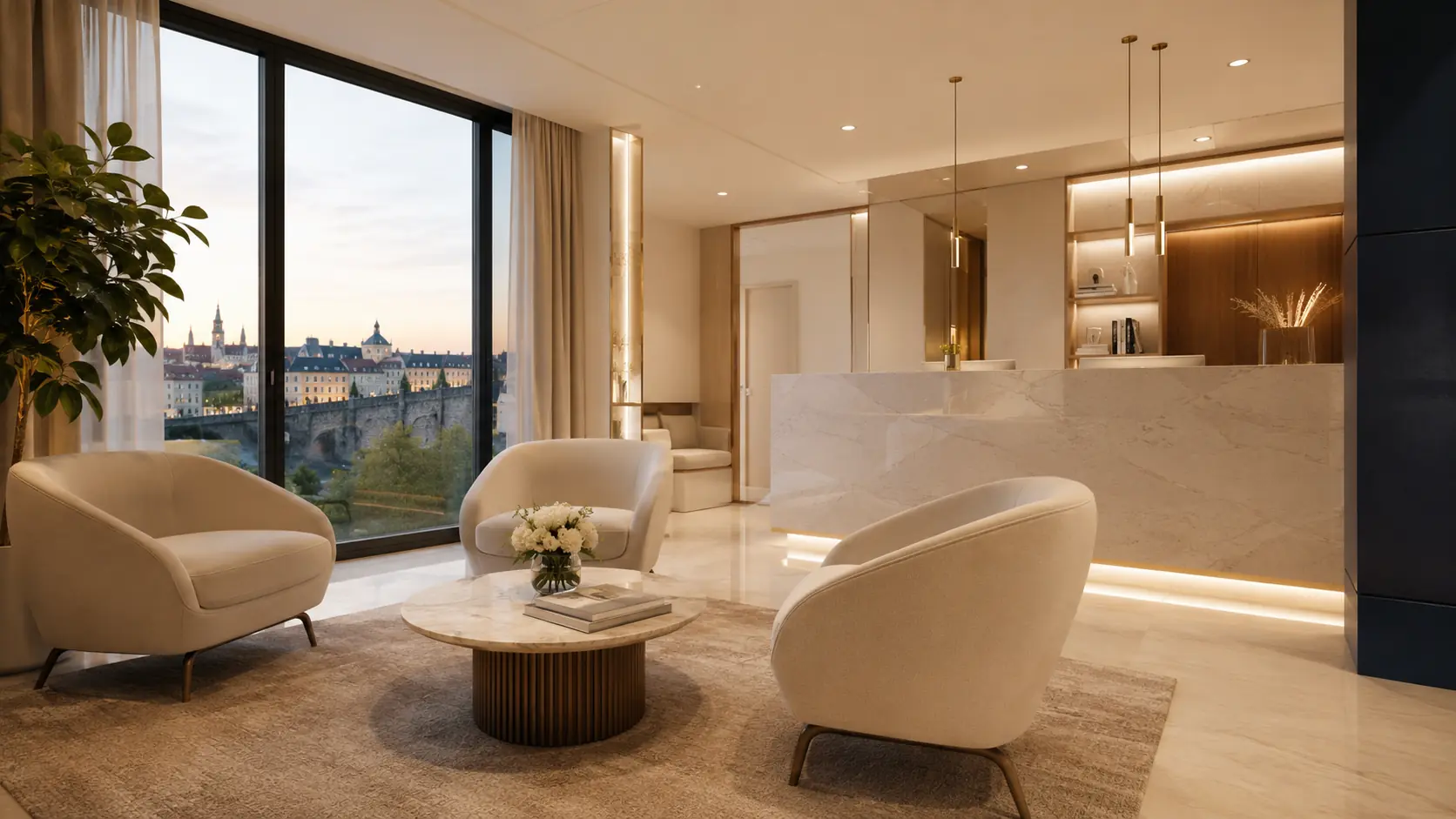 Le salon d'accueil lumineux du cabinet Lumen : fauteuils crème, matières chaudes, lumière douce