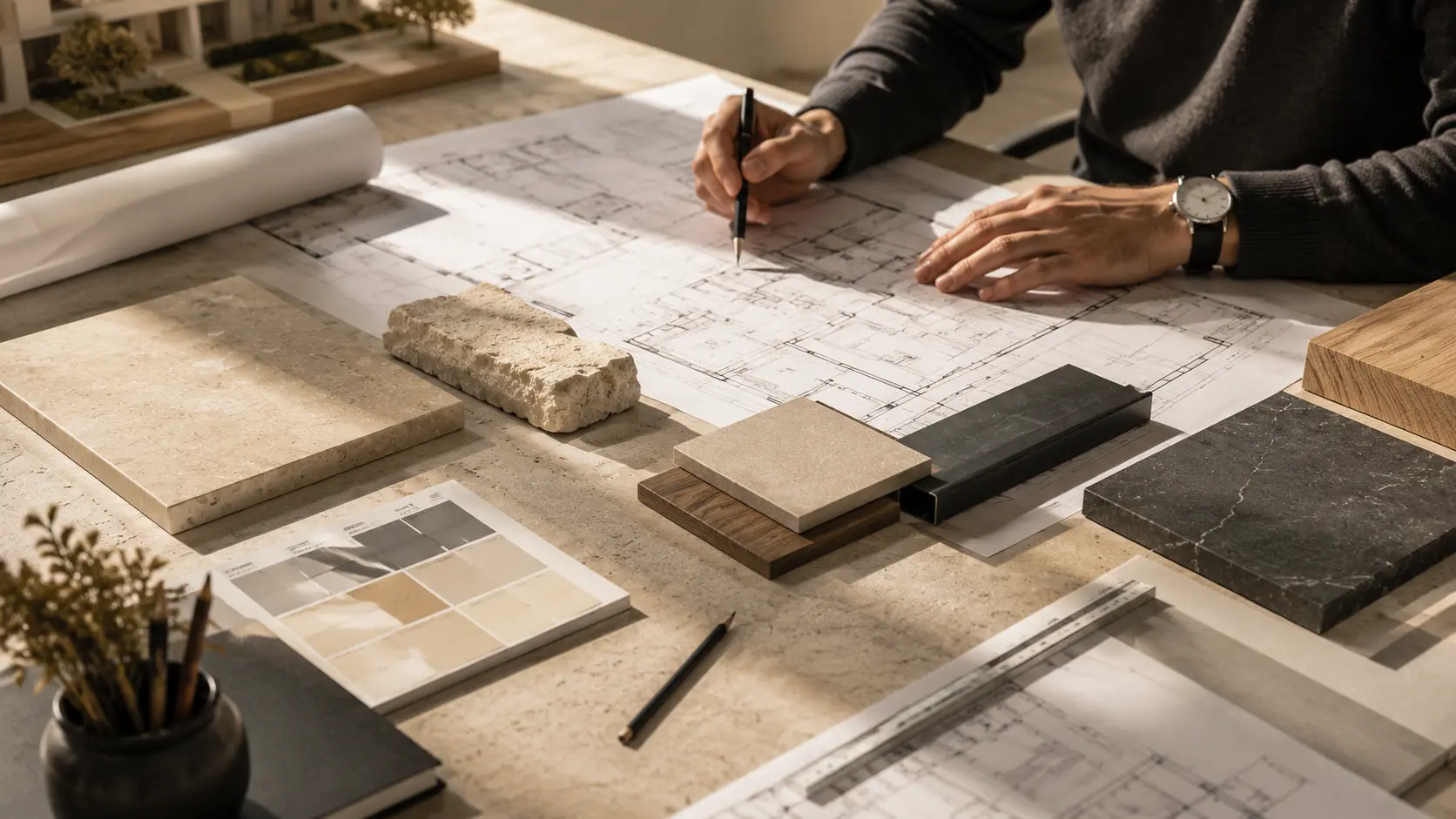 Plans architecturaux d’un projet résidentiel sur une table de travail