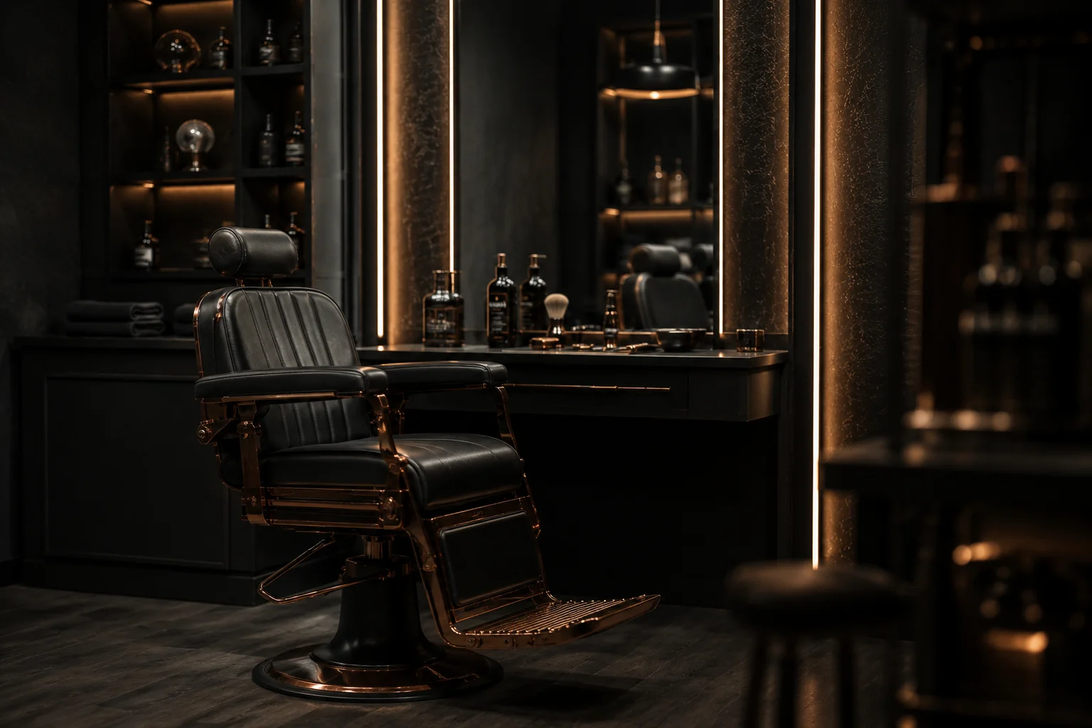 Fauteuil de barbier premium dans un studio à l'ambiance sombre et feutrée.