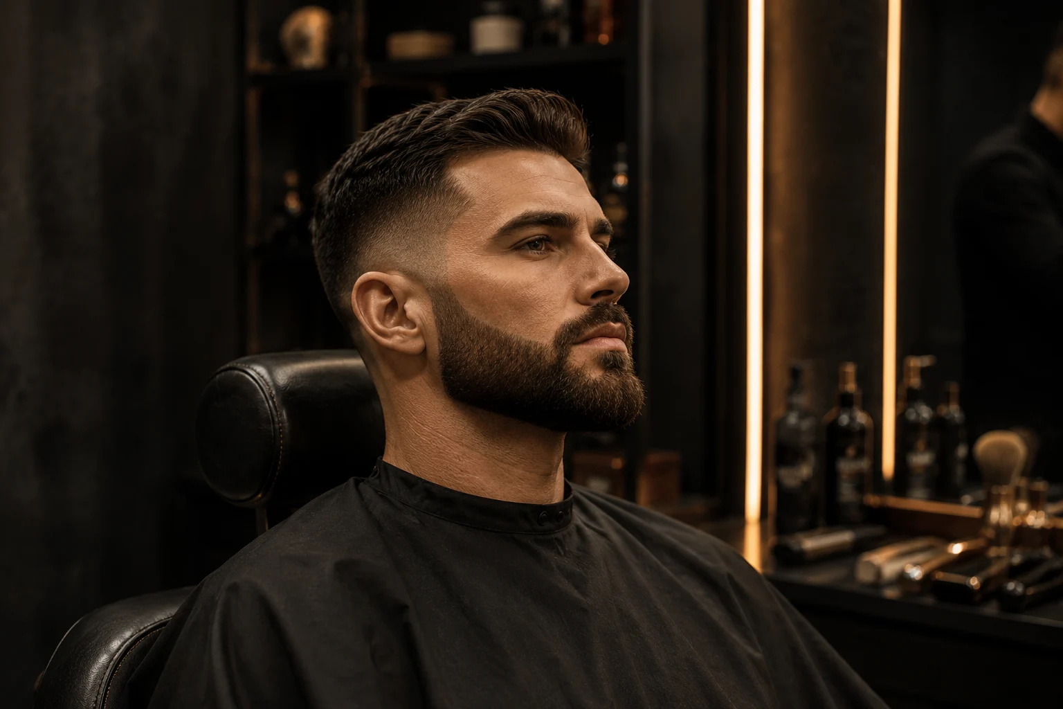 Barbe sculptée avec contours nets dans une ambiance barber premium.