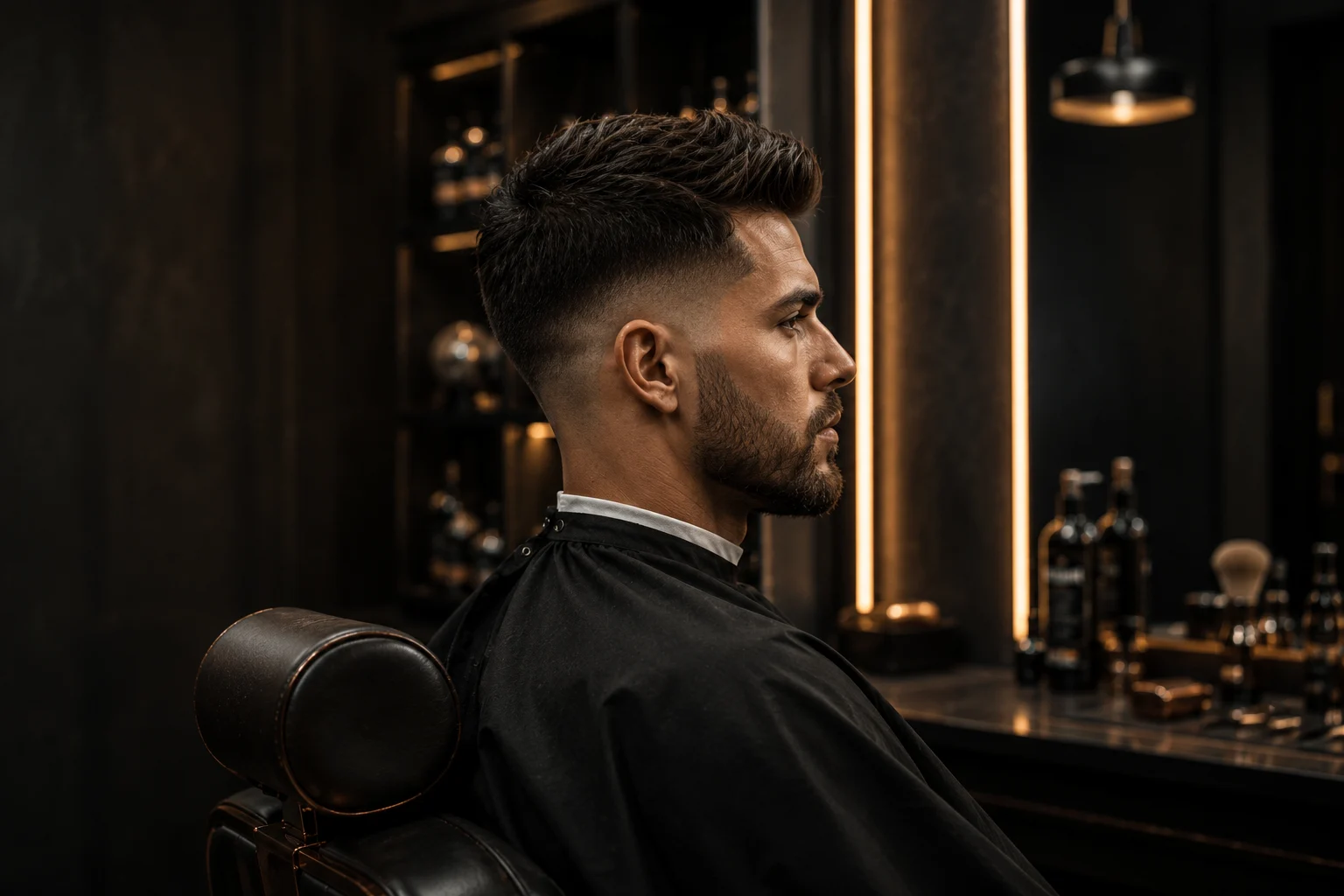 Dégradé homme propre et précis dans un barber studio premium.