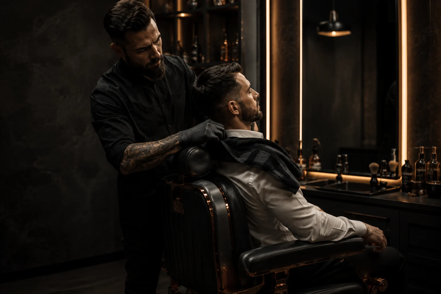 Moment rituel barber avec finition premium et ambiance feutrée.