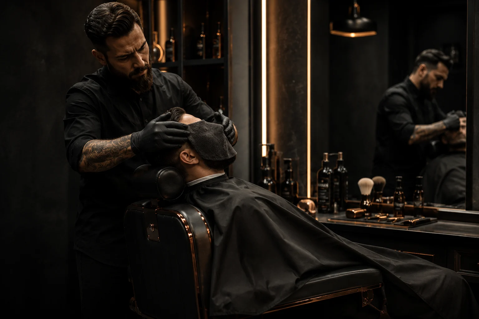 Serviette chaude posée lors du rituel de finition barber.