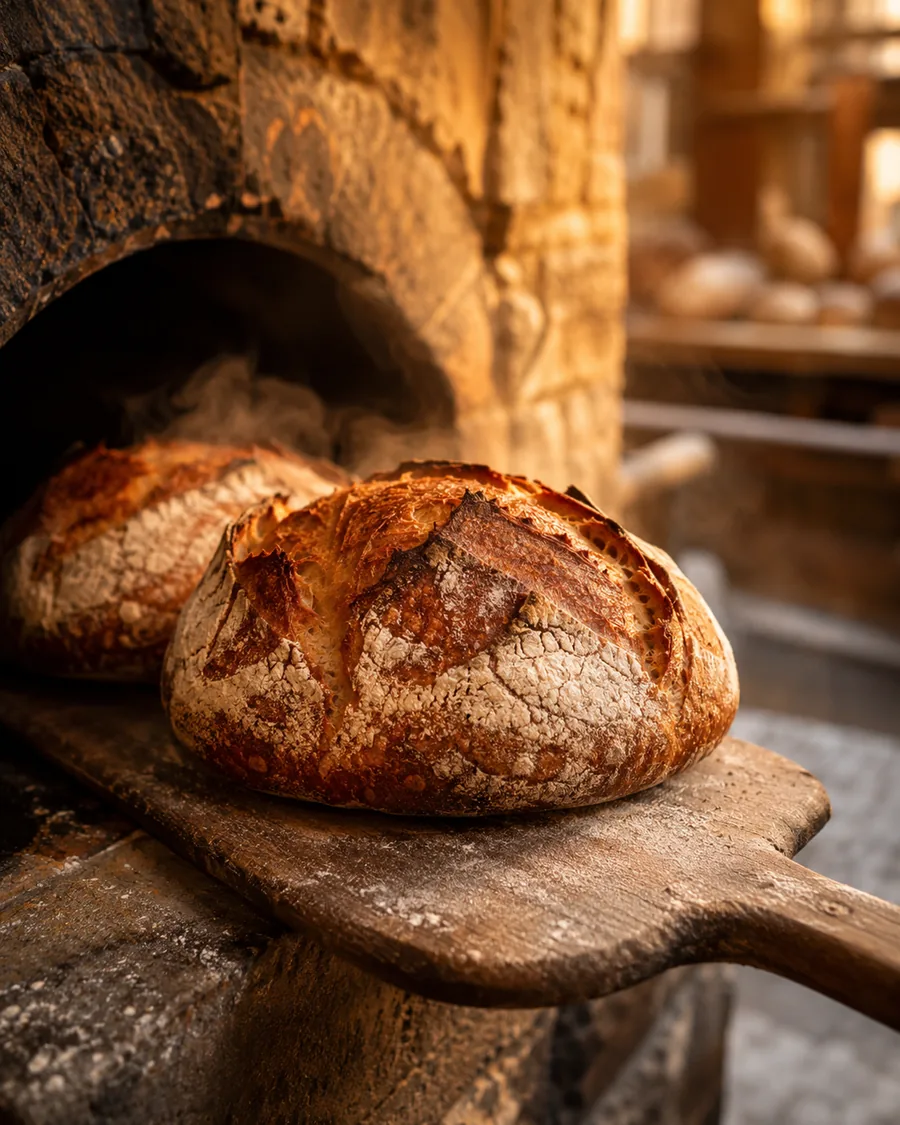 Pain de campagne artisanal à la croûte dorée, sortant du four