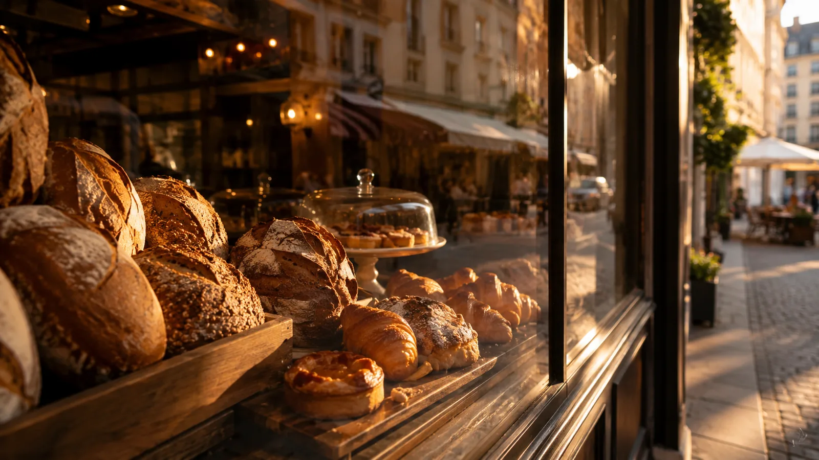 Vitrine dorée d'une boulangerie artisanale à l'heure dorée, pains et viennoiseries en devanture