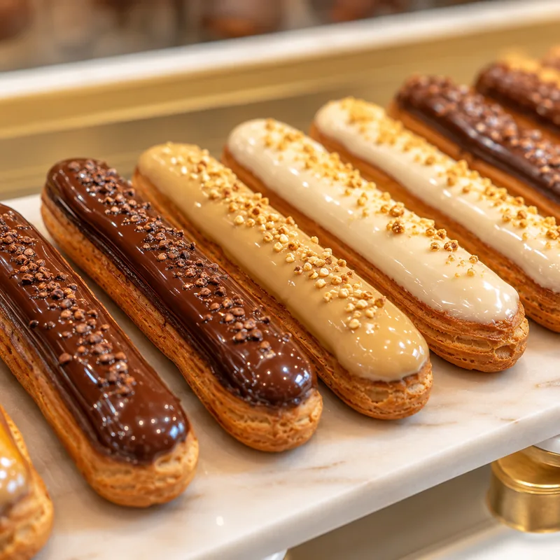 Éclairs glacés alignés en vitrine
