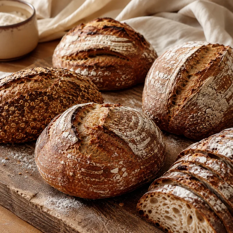 Pains au levain dorés sur une planche en bois