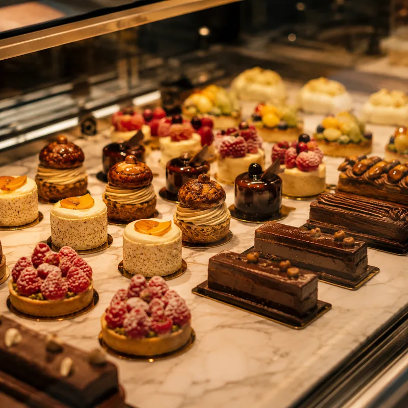 Pâtisseries françaises fines et colorées en vitrine
