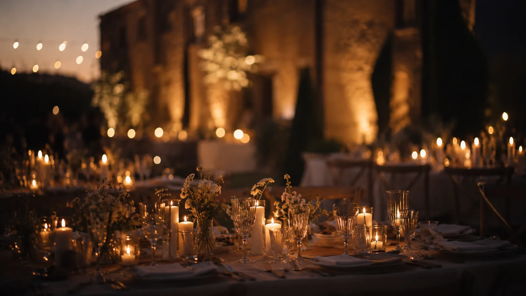 Tables de réception dressées aux chandelles devant un château au crépuscule