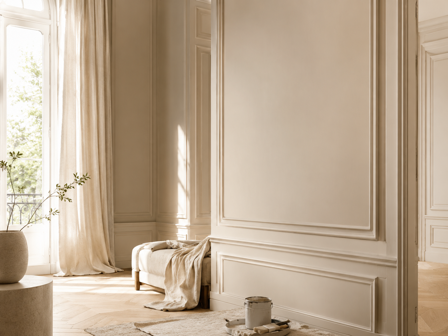 Professional interior painter working in a bright modern apartment
