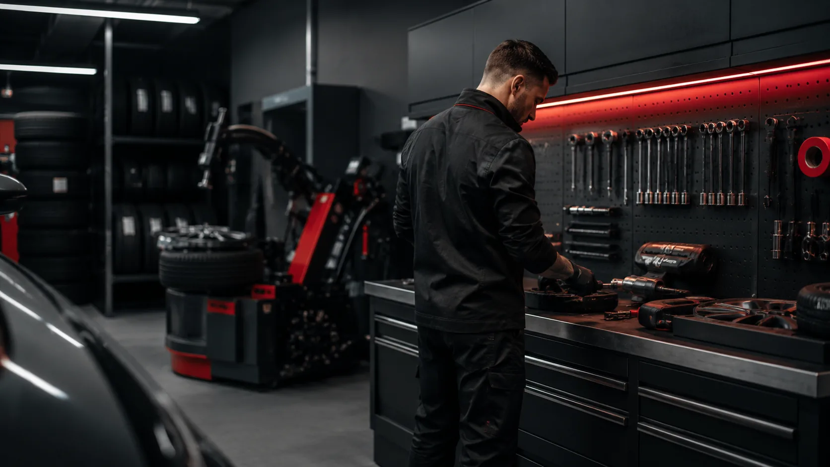 Intérieur clair de l'atelier Pneu Expert Lux, sol béton et pneus alignés