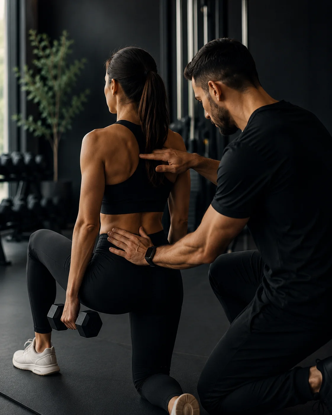 Coach accompagnant une cliente pendant un exercice guidé en studio privé