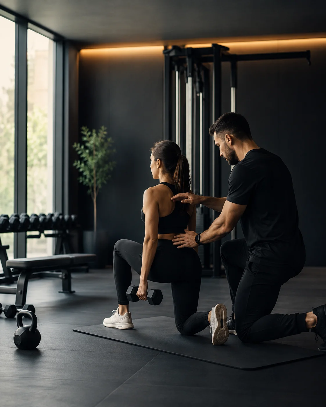 Séance de coaching sportif privé 1:1 dans un studio, ambiance premium et lumière latérale