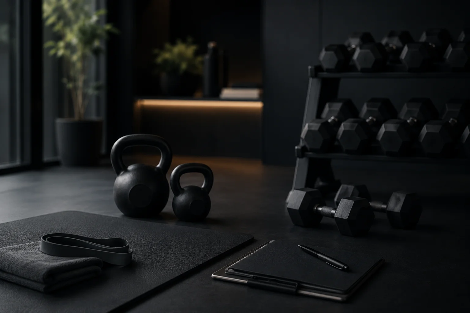 Matériel d'entraînement — kettlebell, haltères et carnet de progression dans un studio privé
