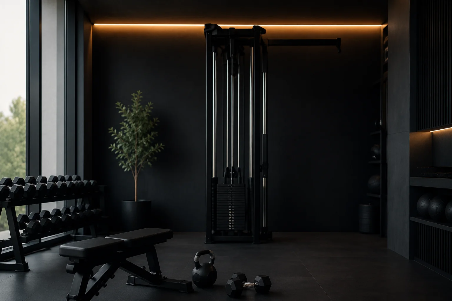 Détail d'un studio de coaching privé, équipement organisé et lumière chaude