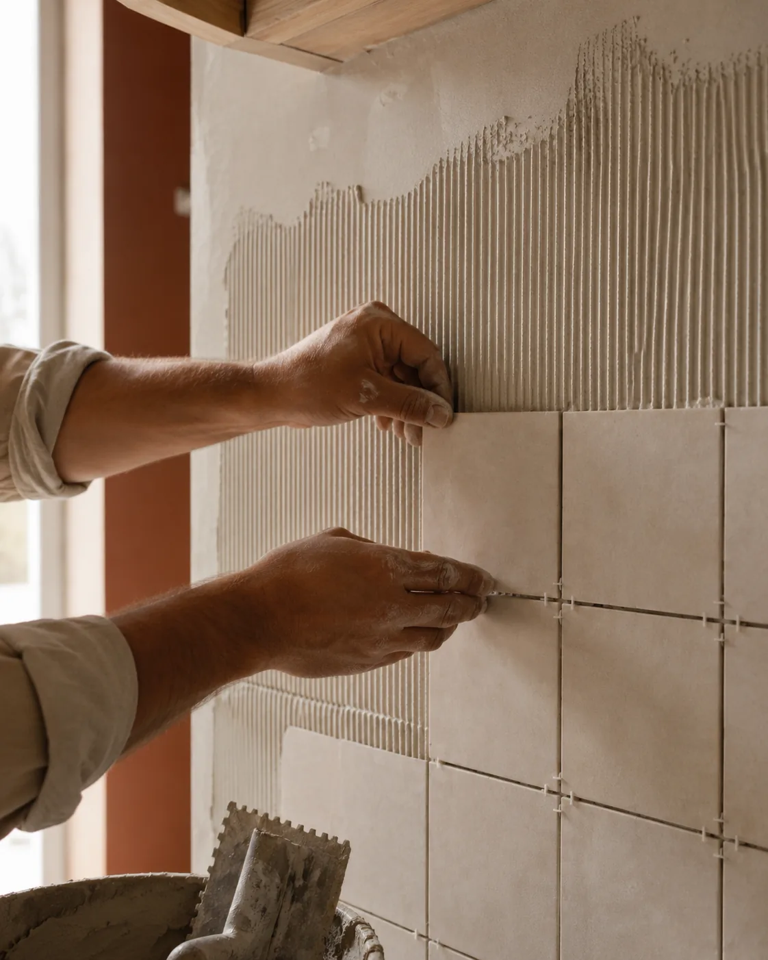 Artisan posant du carrelage avec précision lors d’un chantier intérieur
