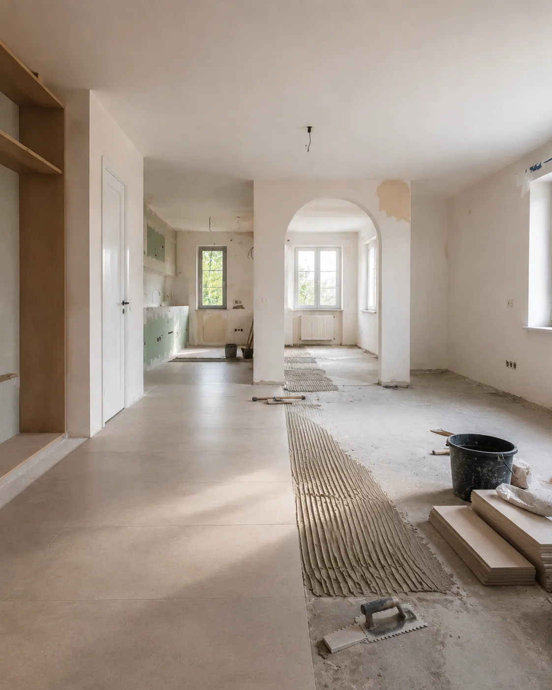 Avant rénovation intérieure avec carrelage en cours de pose