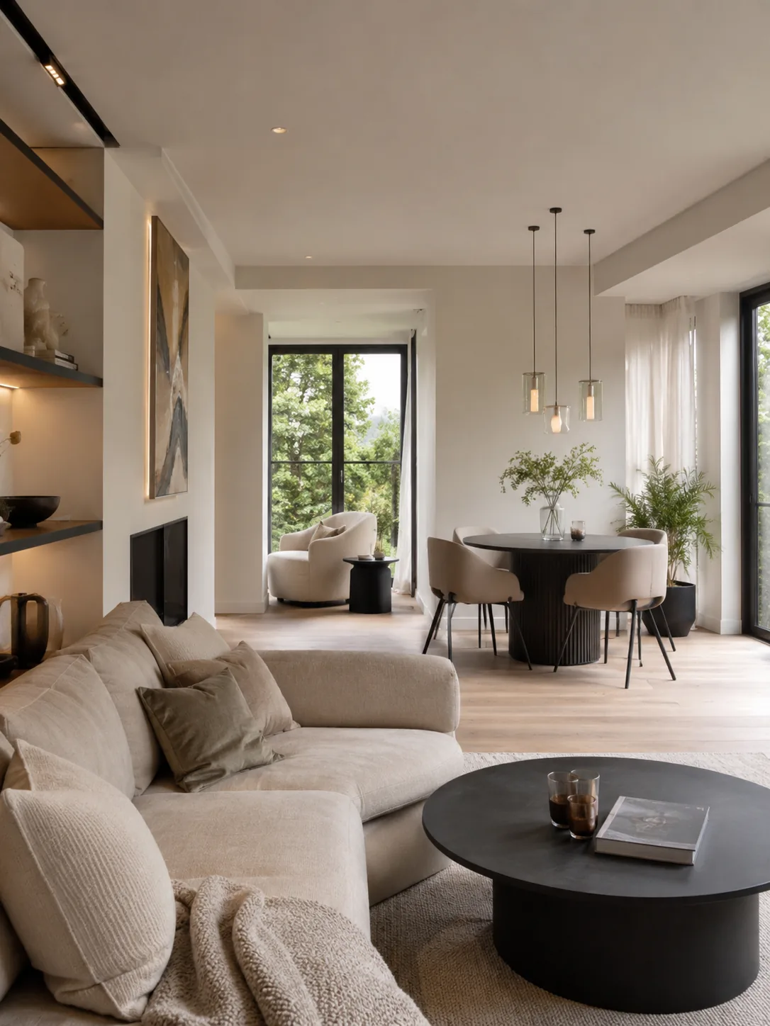 Intérieur rénové avec tons pierre, bois clair et finitions propres
