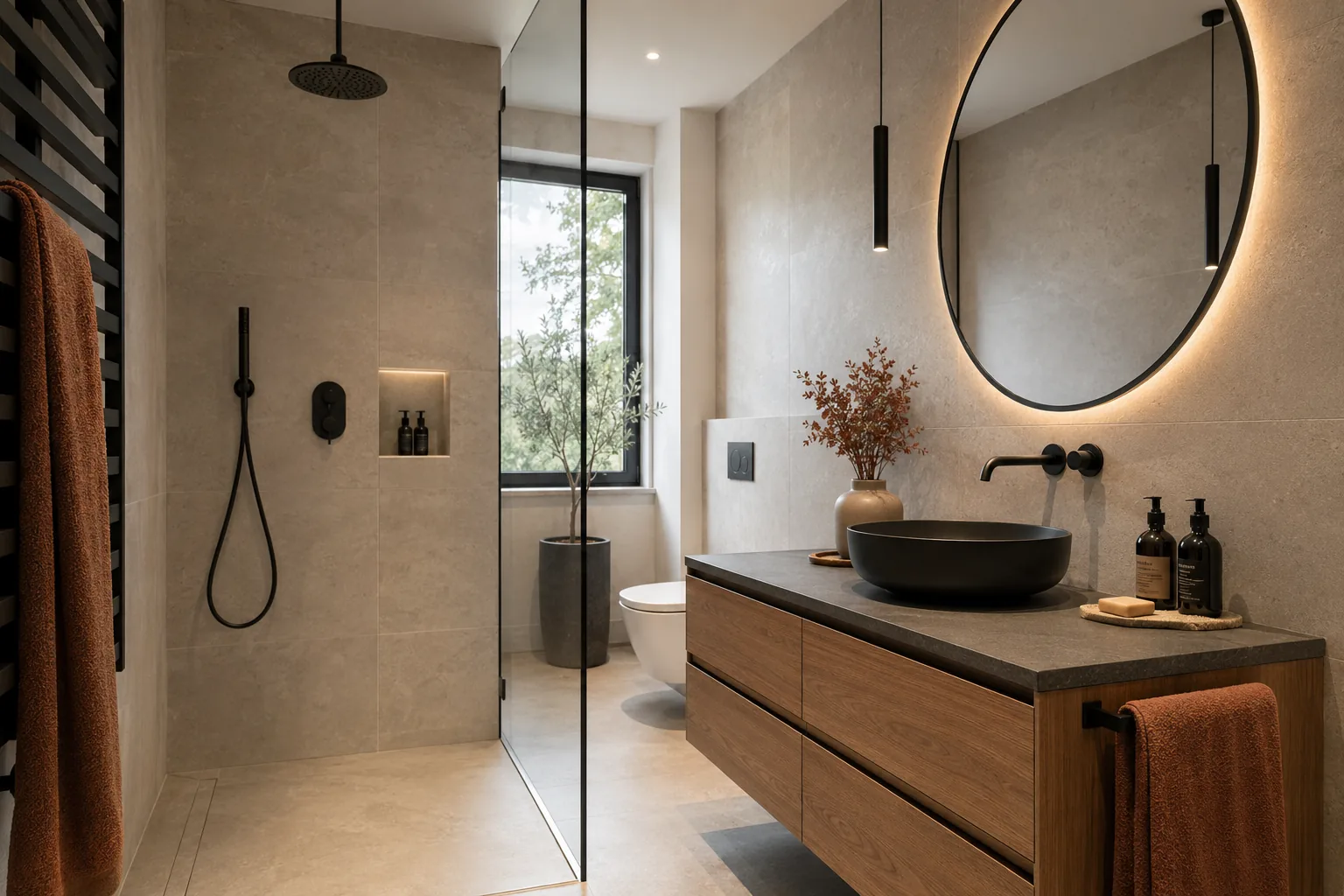 Salle de bain rénovée avec douche à l’italienne et carrelage grand format